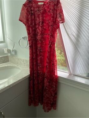 Lele Sadoughi Red Floral Short-Sleeve Maxi Dress